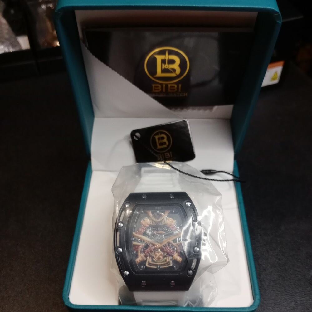 BIBI Men’s Skeleton Watch - Matte Black Tonneau Case, Samurai & Skull Design,...